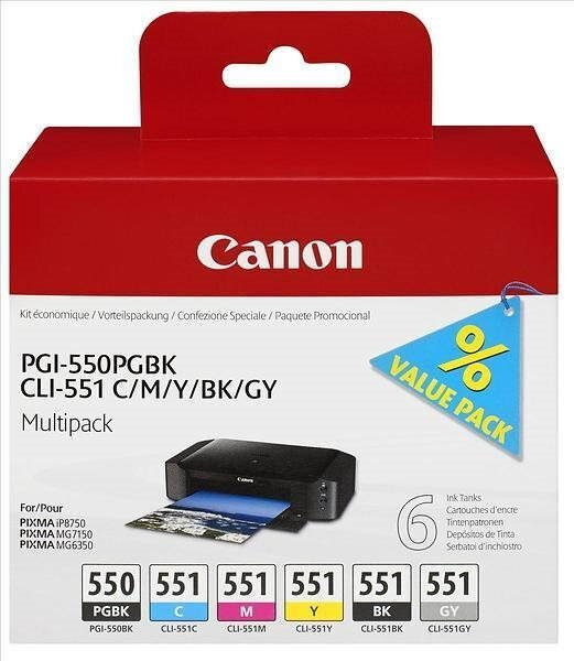 20240705161555_b338ac79 Canon PGI-550/CLI-551 Γνήσιο Πακέτο 6 Μελανιών Εκτυπωτή InkJet Γκρι / Κίτρινο / Κυανό / Ματζέντα / Μαύρο (6496B005) - Image 2