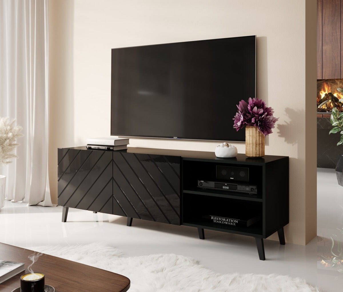 Γωνιακό Ξύλινο με Ρόδες & Φωτισμό LED Black Glossy 150x42x52εκ. STVCMMZPM0202 - Image 2