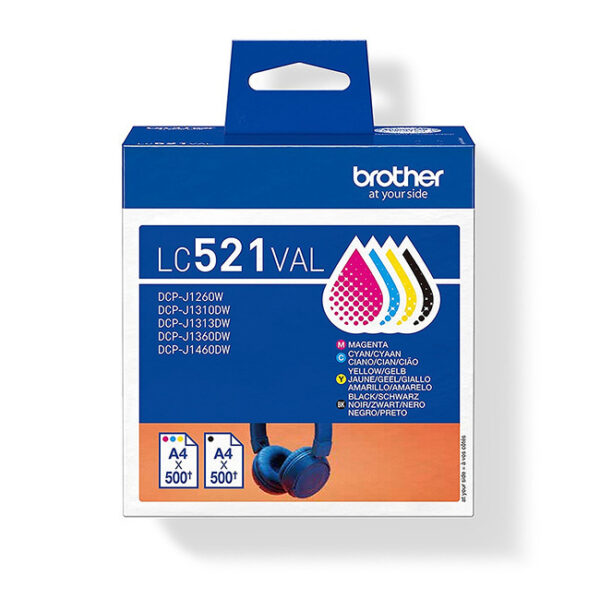 Brother LC521VAL Γνήσιο Πακέτο 4 Μελανιών Εκτυπωτή InkJet Κίτρινο / Κυανό / Ματζέντα / Μαύρο (LC-521VAL)