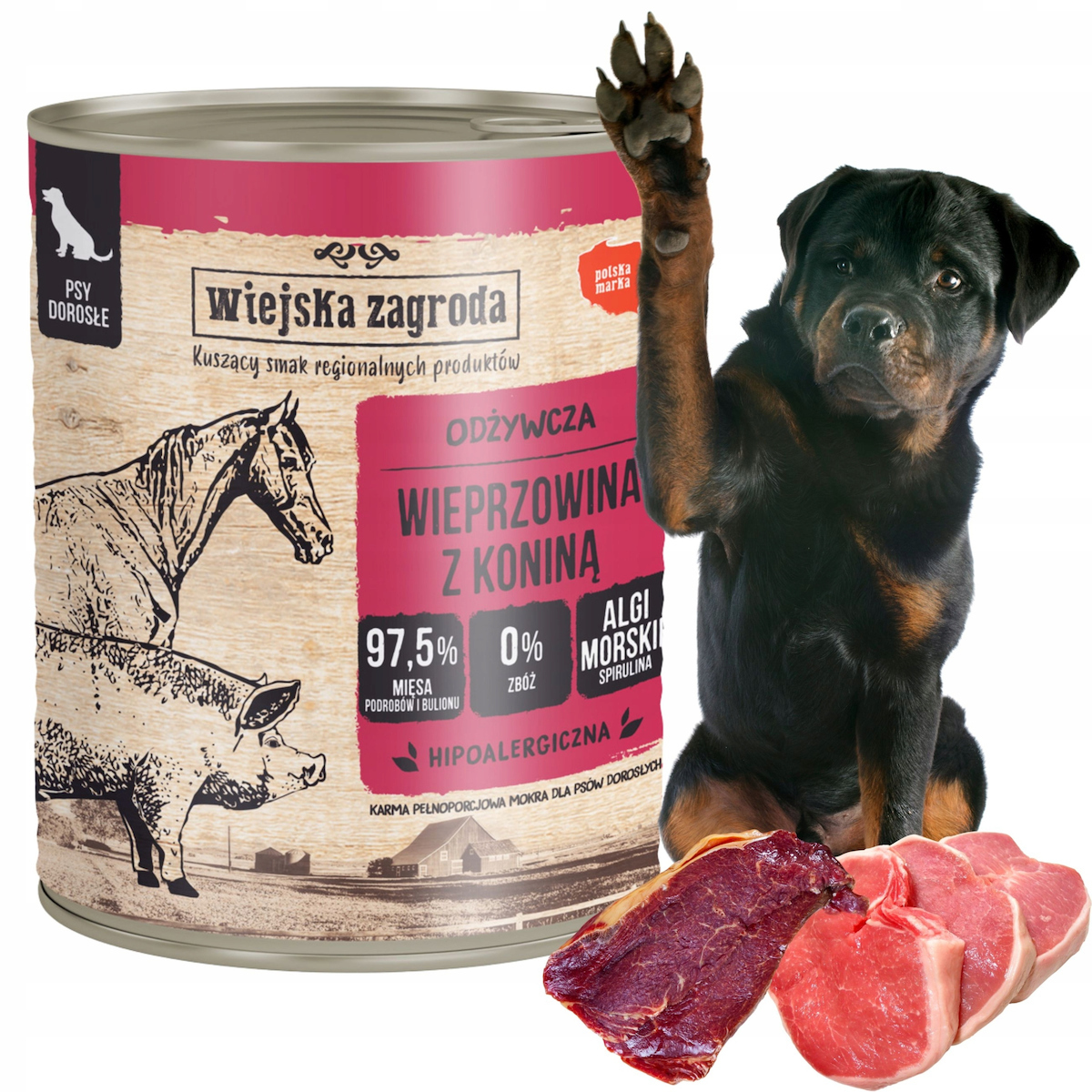 Wiejska Zagroda Υγρή Τροφή Σκύλων με Χοιρινό, Κρέας, Σολομό, Βοδινό, Πουλερικά και Συκώτι χωρίς Σιτηρά 800gr