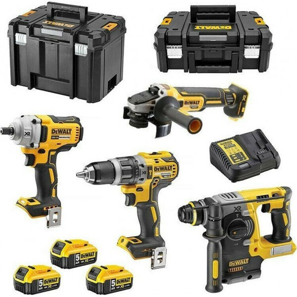 Dewalt DCK422P3T Σετ Γωνιακός Τροχός, Κρουστικό Δραπανοκατσάβιδο, Μπουλονόκλειδο & Πιστολέτο 18V με 3 Μπαταρίες 5Ah και Θήκη