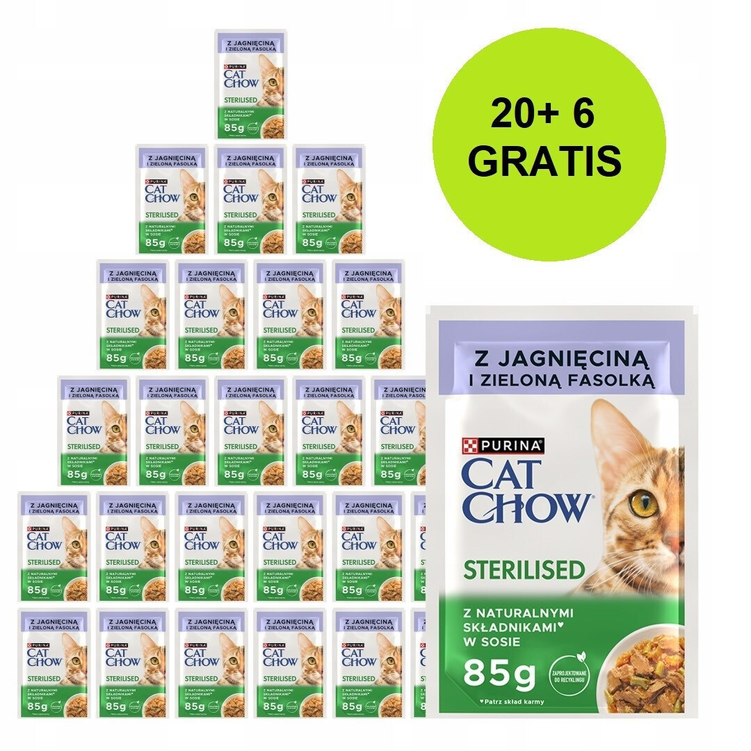 Purina Cat Chow Sterilised Lamb Green Beans In Sauce Wet Cat Food 26x85g 20 + 6 Gratis
