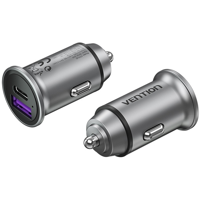 Vention Φορτιστής Αυτοκινήτου 30W με Θύρες: 1xUSB 1xType-C Γκρι FFFH0