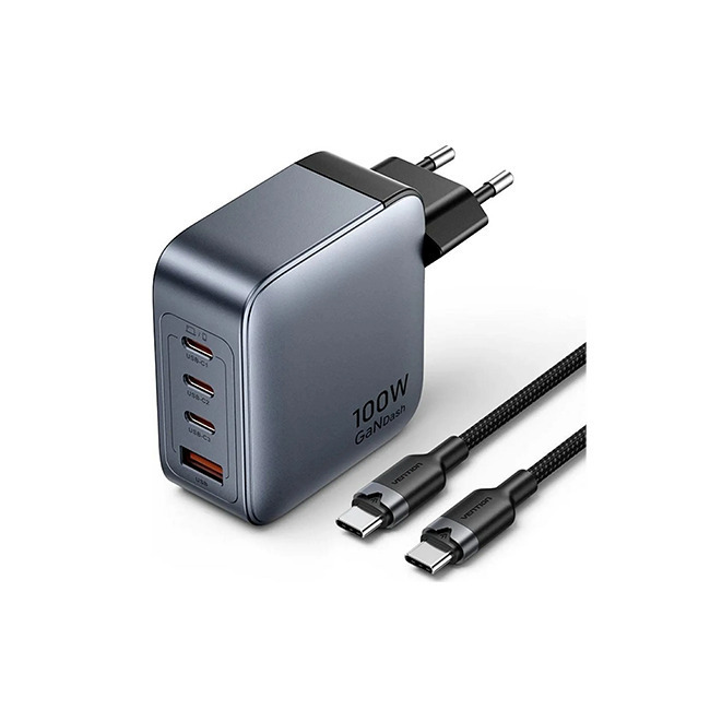 Vention Φορτιστής GaN με Θύρα USB-A και 3 Θύρες USB-C και Καλώδιο USB-C - USB-C 100W Power Delivery Γκρι (TZ-FETH0-EU)
