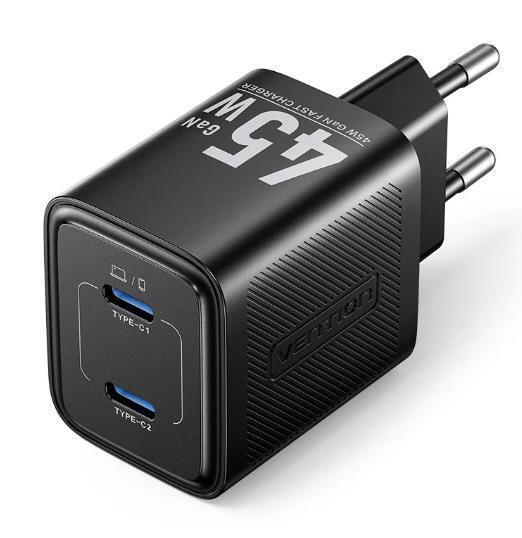 Vention Φορτιστής Χωρίς Καλώδιο GaN με 2 Θύρες USB-C 45W Power Delivery Μαύρος (FEFB0-EU)