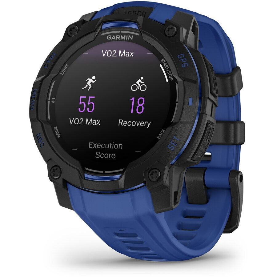 Garmin Instinct 3 AMOLED Aluminium 45mm Αδιάβροχο Smartwatch με Παλμογράφο (Black/Bolt Blue Band)