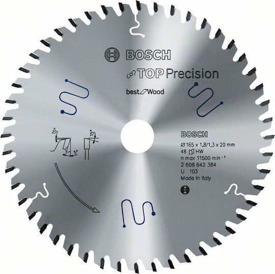 Bosch Top Precision Δίσκος Κοπής Ξύλου με 48 Δόντια 165mm 2608642388