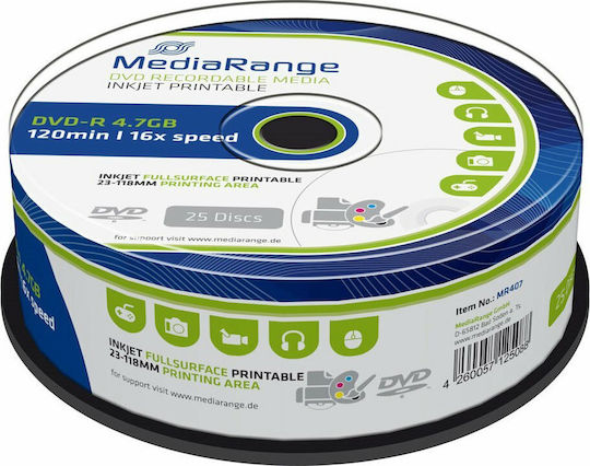 MediaRange Εγγράψιμα DVD-R 16x Printable 4.7GB Cake Box 25τμχ (MR407)