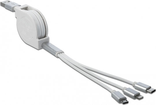 DeLock Retractable USB to Lightning / Type-C / micro USB Cable Λευκό 0.98m (85850)