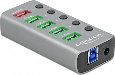 DeLock USB 3.2 Hub 6 Θυρών με σύνδεση USB-A & Θύρα Φόρτισης και Εξωτερική Παροχή Ρεύματος Γκρι (63263)