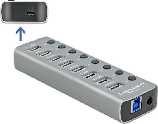 DeLock USB 3.2 Hub 9 Θυρών με σύνδεση USB-A & Θύρα Φόρτισης και Εξωτερική Παροχή Ρεύματος Γκρι (63264)