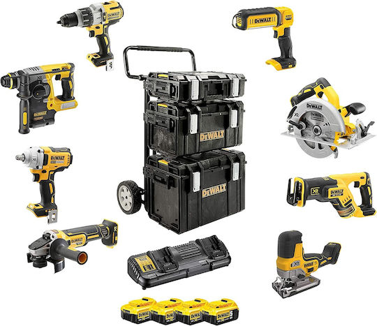 Dewalt DCK856P4 Σετ Γωνιακός Τροχός, Δισκοπρίονο, Κρουστικό Δραπανοκατσάβιδο, Μπουλονόκλειδο, Πιστολέτο, Σέγα, Σπαθοσέγα & Φακός 18V με 4 Μπαταρίες 5Ah και Θήκη