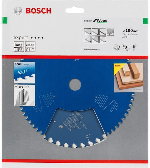 Bosch Expert for Wood Δίσκος Κοπής Ξύλου με 40 Δόντια 190mm 2608644048