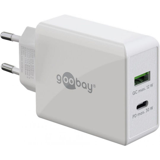 Goobay Φορτιστής Χωρίς Καλώδιο με Θύρα USB-A και Θύρα USB-C 30W Power Delivery Λευκός (61674)