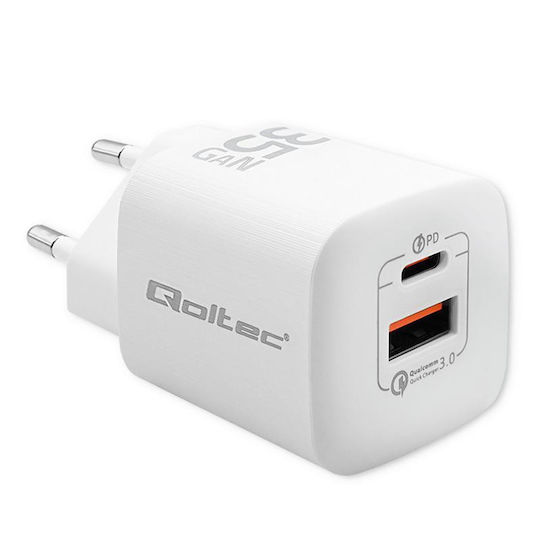 Qoltec Φορτιστής Χωρίς Καλώδιο με Θύρα USB-A και Θύρα USB-C 35W Power Delivery / Quick Charge 3.0 Λευκός (50763)