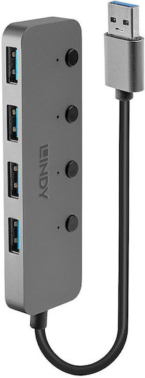 Lindy USB 3.0 Hub 4 Θυρών με σύνδεση USB-A Γκρι (43309)