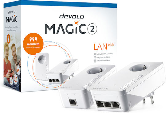 Devolo Magic 2 LAN Triple (8510) Powerline Διπλού Kit για Ενσύρματη Σύνδεση με Passthrough Πρίζα και 3 Θύρες Gigabit Ethernet