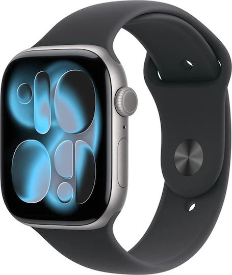 Apple Watch Series 11 Aluminium 46mm Αδιάβροχο με Παλμογράφο (Grey Aluminium Case with Black Sport Band - M/L)