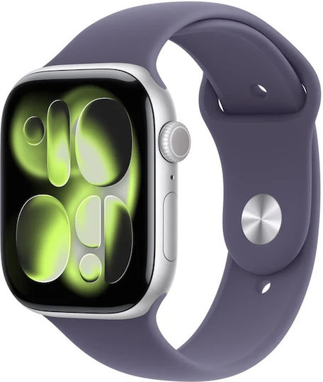 Apple Watch Series 11 Cellular Aluminium 46mm Αδιάβροχο με eSIM και Παλμογράφο (Silver Aluminium Case with Purple Fog Sport Band - M/L)