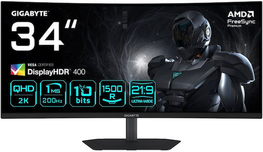 Gigabyte G34WQC2 Ultrawide VA HDR Curved Gaming Monitor 34" QHD 3440x1440 200Hz με Χρόνο Απόκρισης 1ms GTG
