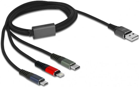 DeLock Regular USB to Lightning / Type-C / micro USB Cable Μαύρο 1m (87277)