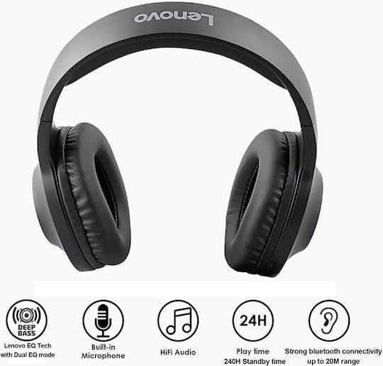 Lenovo HD116 Ασύρματα / Ενσύρματα Over Ear Ακουστικά με 24 ώρες Λειτουργίας Μαύρα
