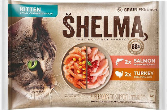 Shelma Kitten Υγρή Τροφή για Ανήλικες Γάτες σε Φακελάκι με Γαλοπούλα, Σολομό και Πουλερικά χωρίς Σιτηρά 4x85gr