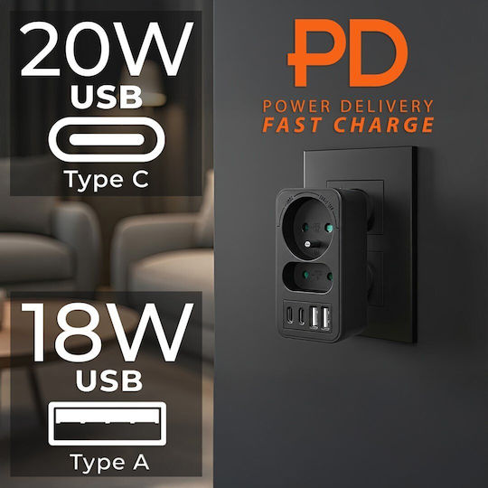 Maclean Energy Πολύπριζο 2 Θέσεων με 2 USB-A και 2 USB-C Χωρίς Καλώδιο MCE249