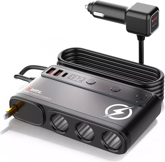 Xblitz Φορτιστής Αυτοκινήτου με Θύρες: 3xUSB 1xType-C 3xΑναπτήρα Μαύρο Χρώμα
