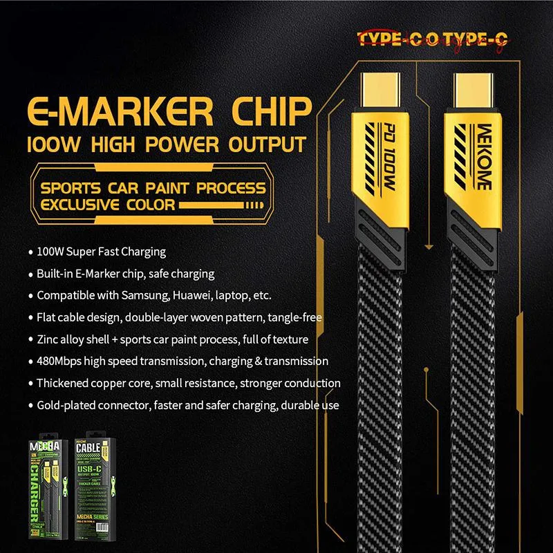 20240826161116_81dc0a02 WK Braided USB 2.0 Cable USB-C male - USB-C 100W Κίτρινο 1.2m WK-WDC-192_YELLOW - Image 1