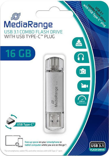 Mediarange Usb 3.0 Combo Flash Drive Usb Type C 16gb Silver