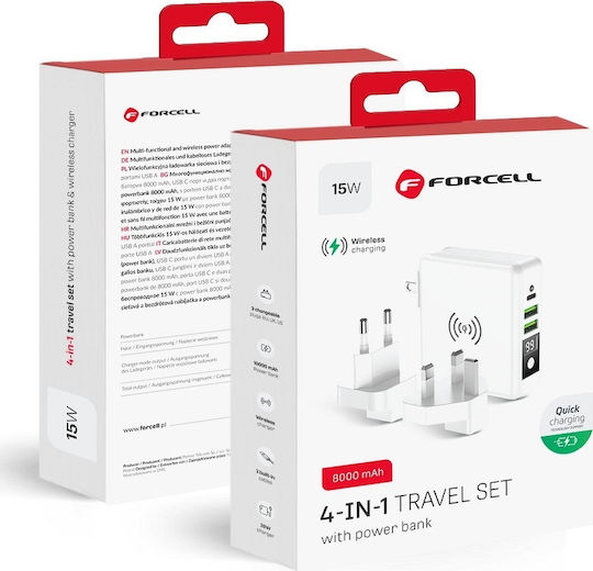 Forcell Multifunction 4in1 Wireless Power Bank 8000mAh 15W με 2 Θύρες USB-A και Θύρα USB-C Λευκό
