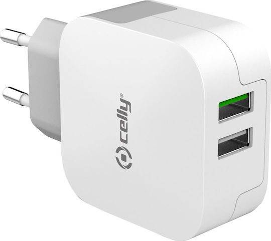 Celly Φορτιστής Χωρίς Καλώδιο με 2 Θύρες USB-A Λευκός (TC2USBTURBO)