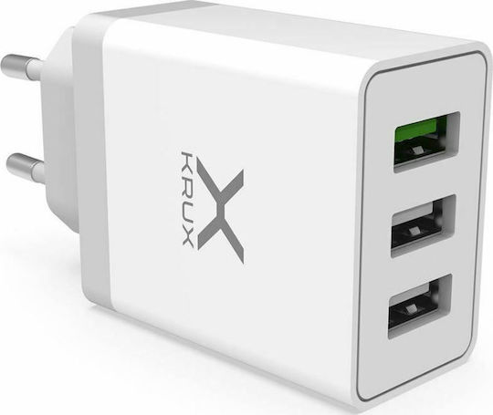 Krux Φορτιστής Χωρίς Καλώδιο με 3 Θύρες USB-A 30W Quick Charge 3.0 Λευκός (KRX0065)
