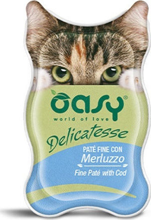 Oasy Delicatesse Pate Adult Υγρή Τροφή για Ενήλικες Γάτες σε Κονσέρβα με Μπακαλιάρο 85gr