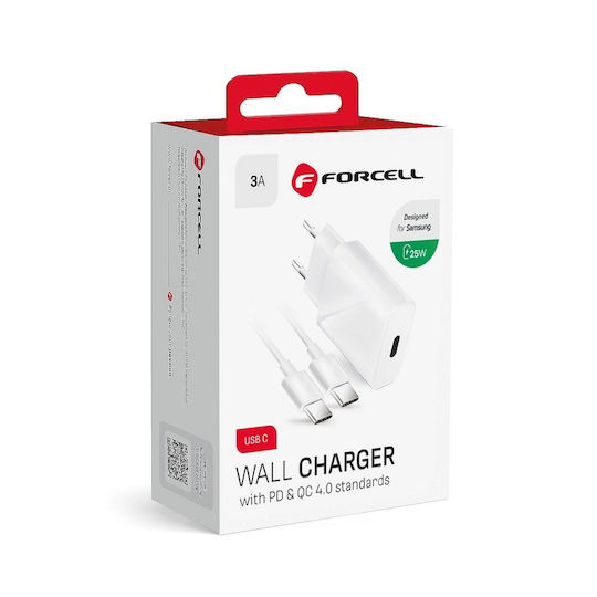 Forcell Φορτιστής με Θύρα USB-C και Καλώδιο USB-C - USB-C 25W Power Delivery Λευκός (5903396108099)