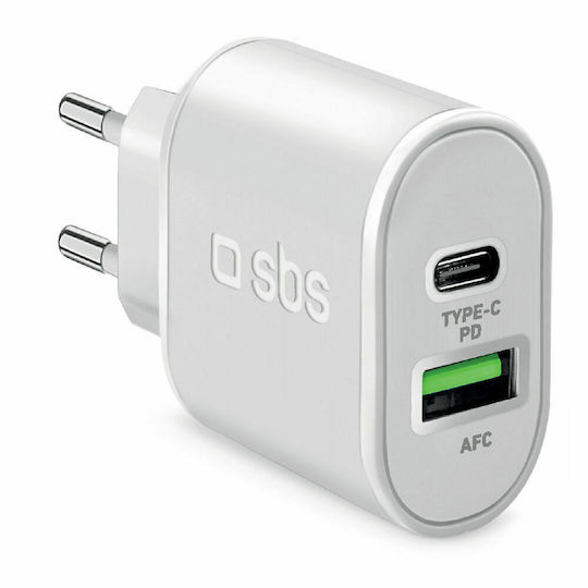 SBS Φορτιστής Χωρίς Καλώδιο με Θύρα USB-A και Θύρα USB-C 20W Power Delivery Λευκός (TETRPD20W)