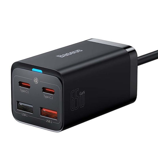 Baseus Βάση Φόρτισης GaN με 2 Θύρες USB-A και 2 Θύρες USB-C 65W Power Delivery / Quick Charge 4.0 σε Μαύρο χρώμα (Gan3 Pro)