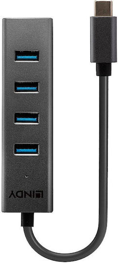 Lindy USB 3.2 Hub 4 Θυρών με σύνδεση USB-C Γκρι (43325)
