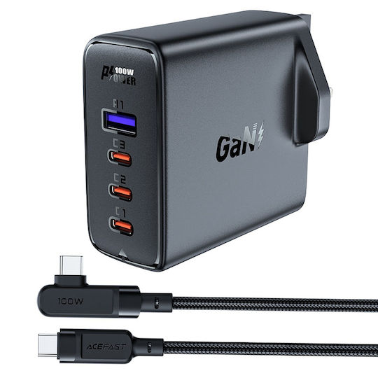 Acefast Φορτιστής GaN με Θύρα USB-A και 3 Θύρες USB-C και Καλώδιο USB-C 100W Power Delivery / Quick Charge 2.0 / Quick Charge 3.0 / Quick Charge 4+ White / Black (2xA40 UK Socket)