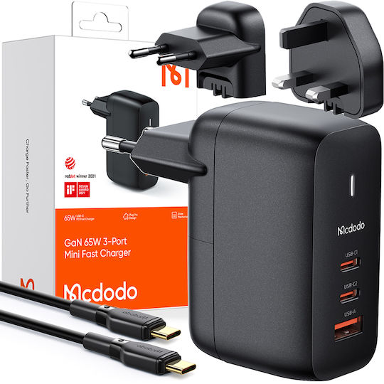 Mcdodo Φορτιστής GaN με Θύρα USB-A και 2 Θύρες USB-C και Καλώδιο USB-C 65W Power Delivery Μαύρος (CH-8442)