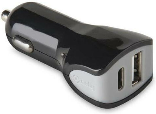 Celly Φορτιστής Αυτοκινήτου 17W 3.4A με Θύρες: 1xUSB 1xType-C μαζί με Καλώδιο Type-C Μαύρος CCTYPECUSBBK