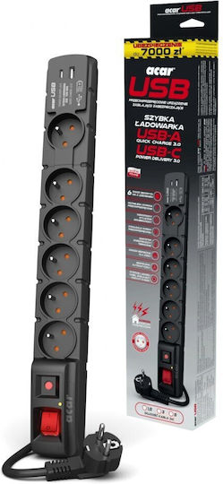 Acar Πολύπριζο Aσφαλείας 6 Θέσεων με USB-A, USB-C και Καλώδιο 5m Γαλλίας (Type E) W2438