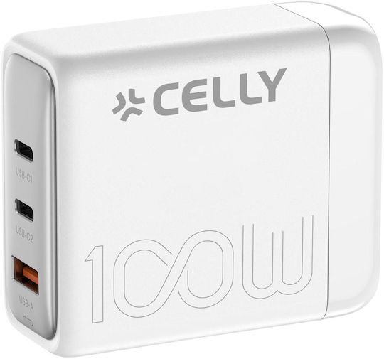 Celly Βάση Φόρτισης GaN με Θύρα USB-A και 2 Θύρες USB-C 100W σε Λευκό χρώμα (PS3GAN100W)