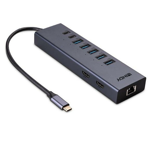 Lindy Dst-mini Duo USB-C / USB-A Docking Station με 4K PD Ethernet και σύνδεση 2 Οθονών Γκρι