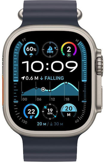 Apple Watch Ultra 2 2024 Titanium 49mm Αδιάβροχο με eSIM και Παλμογράφο (Natural με Navy Ocean Band)