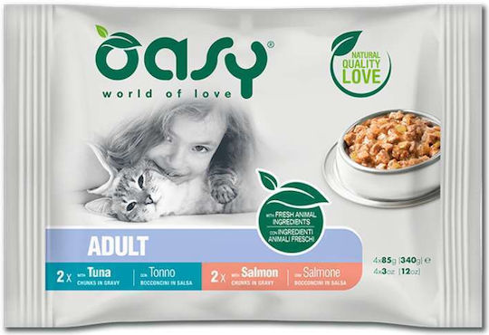Oasy Υγρή Τροφή για Ενήλικες Γάτες σε Φακελάκι με Ψάρια, Σολομό και Τόνο 4x85gr
