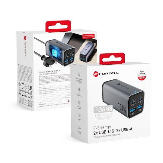 Forcell Βάση Φόρτισης GaN με 2 Θύρες USB-A και 2 Θύρες USB-C 100W Power Delivery / Quick Charge 4.0 σε Γκρι χρώμα (VT-51)