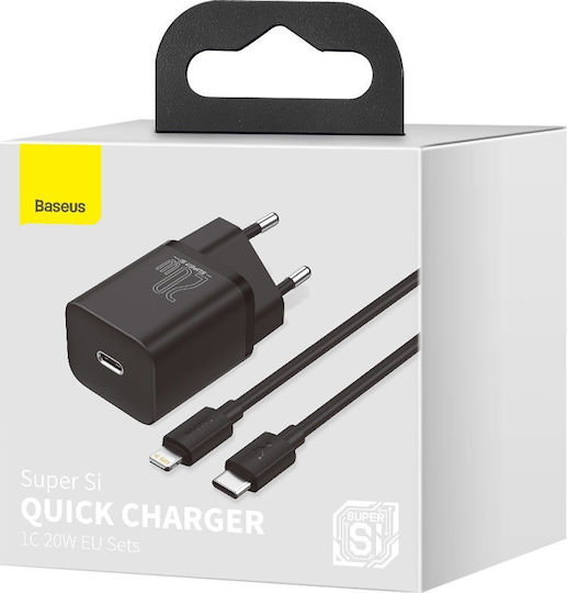 Baseus Φορτιστής με Θύρα USB-C και Καλώδιο USB-C - Lightning 20W Power Delivery Μαύρος (Super Si)