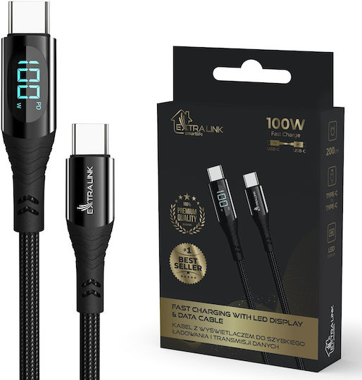 Extralink Braided / LED USB 2.0 Cable USB-C male - USB-C 100W Μαύρο 2m